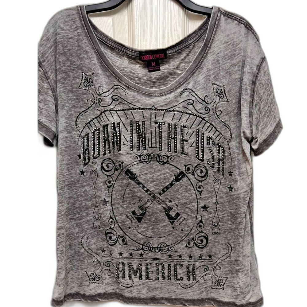 VTG Rock & Roll Cowgirl Graphic T-Shirt Born In The USA Women Sz M